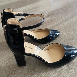 Women’s Black Patent Mid Heel D'Orsay Pumps with Ankle Strap